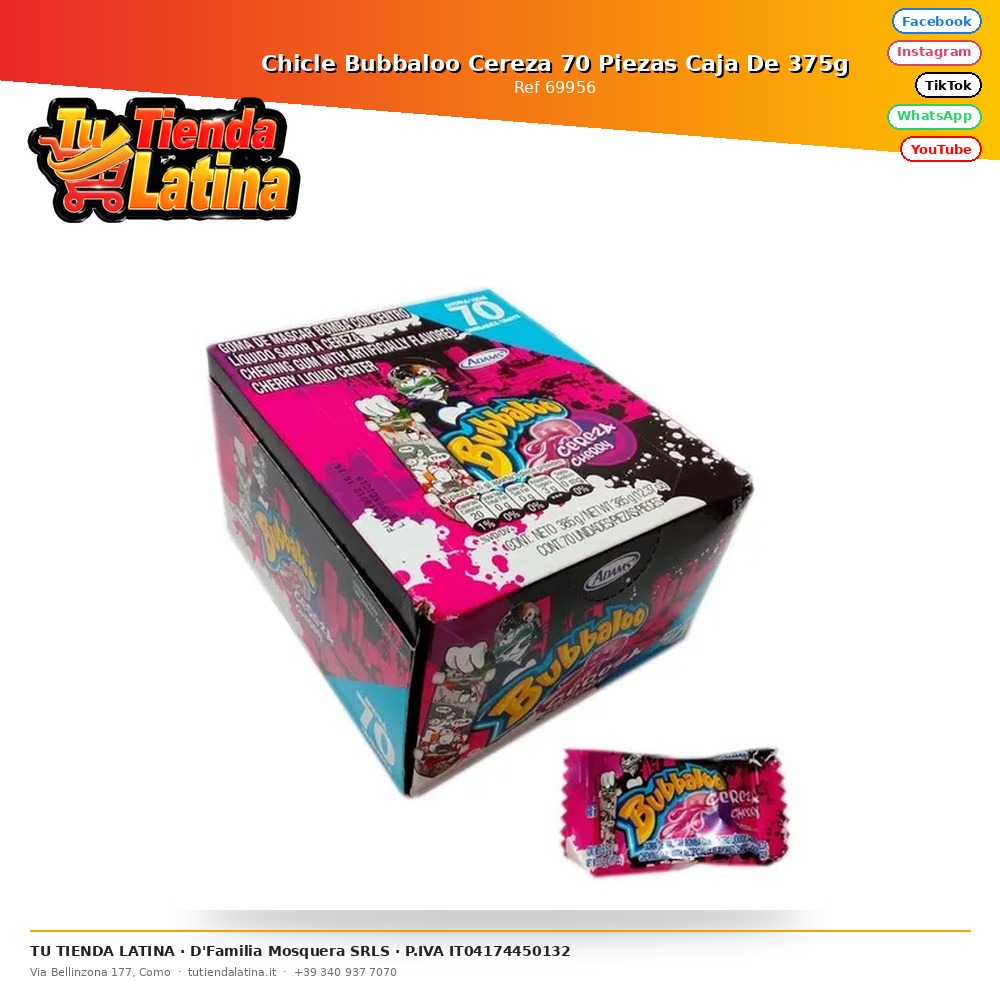 Chicle Bubbaloo Cereza 70 Piezas Caja De 375g