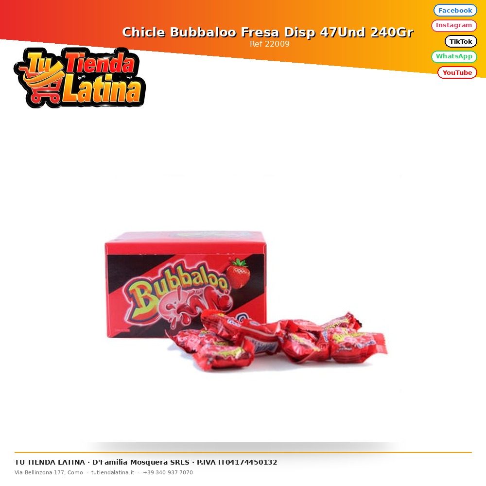 Chicle Bubbaloo Fresa Disp 47Und 240Gr 