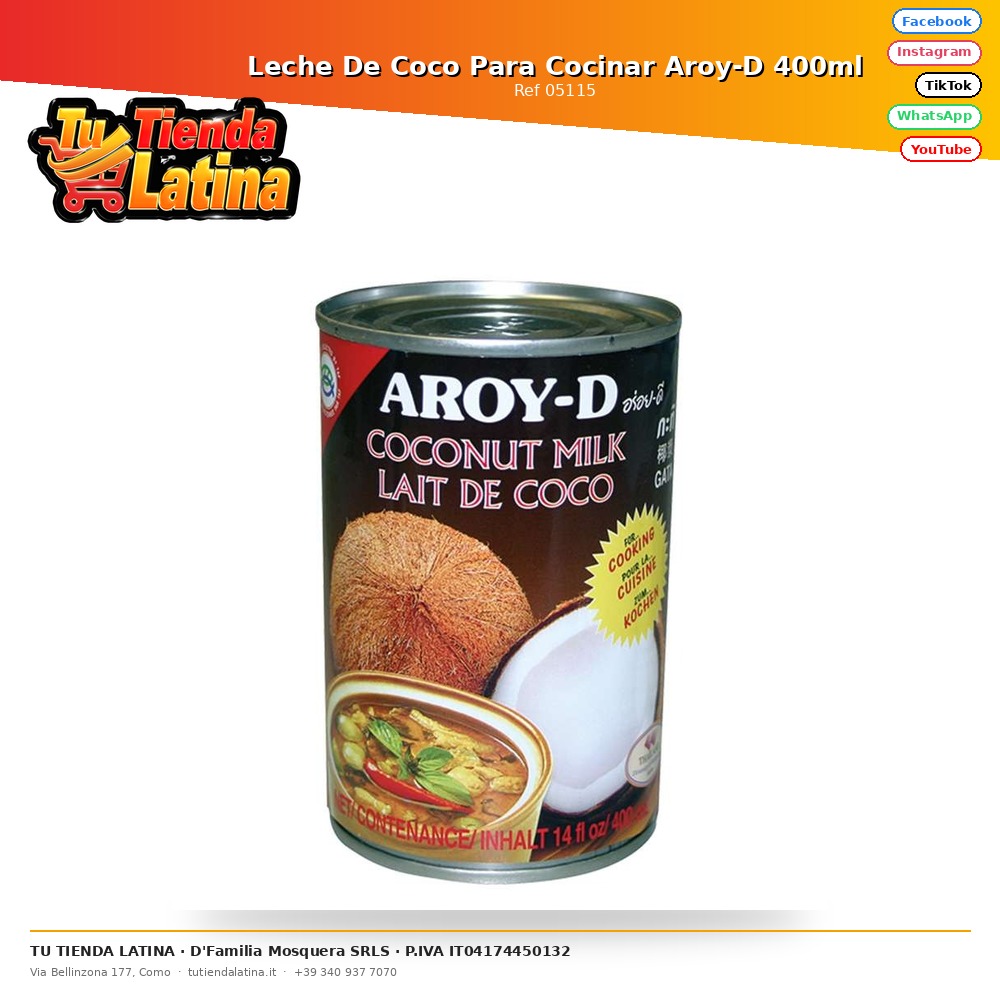 Leche De Coco Para Cocinar Aroy-D 400ml