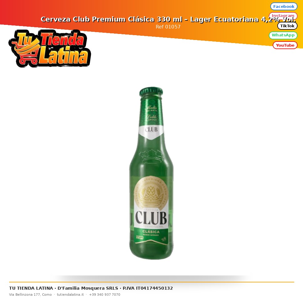 Cerveza Club Premium Clásica 330 ml – Lager Ecuatoriana 4,2% Vol.