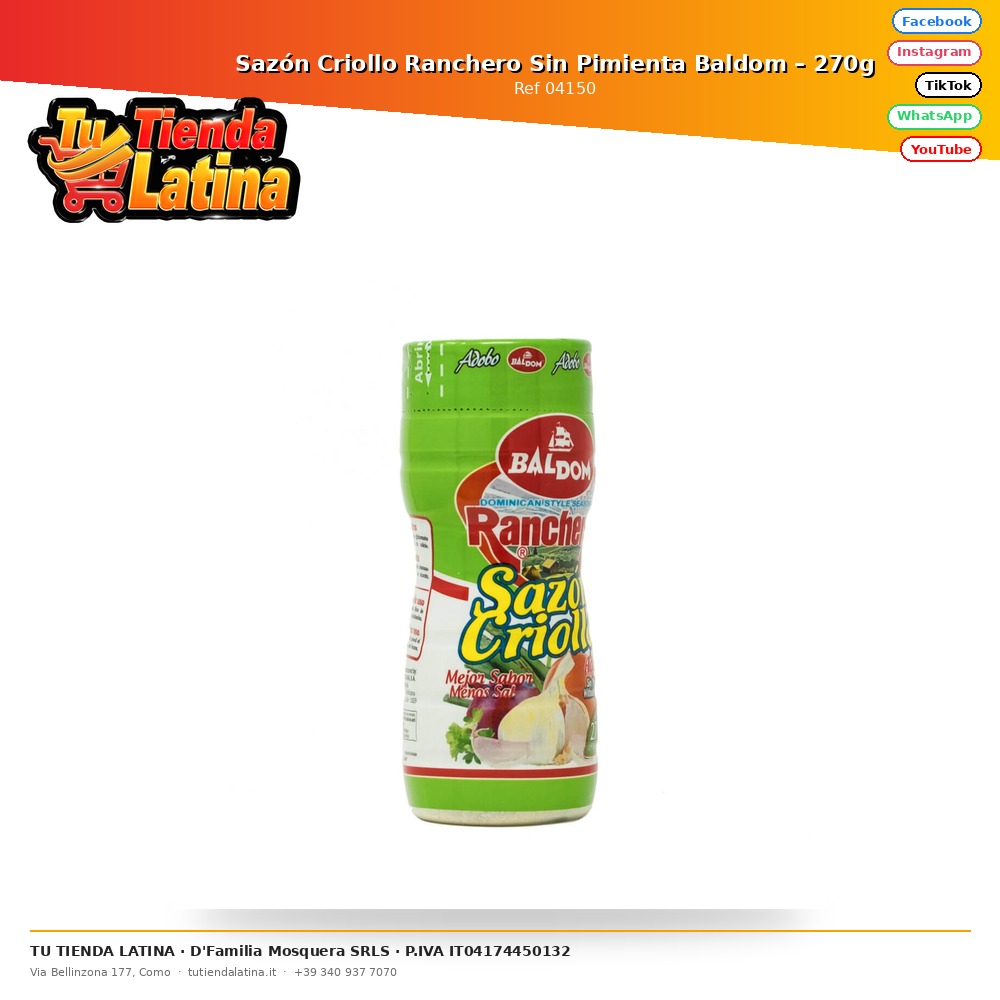 Sazón Criollo Ranchero Sin Pimienta Baldom – 270g