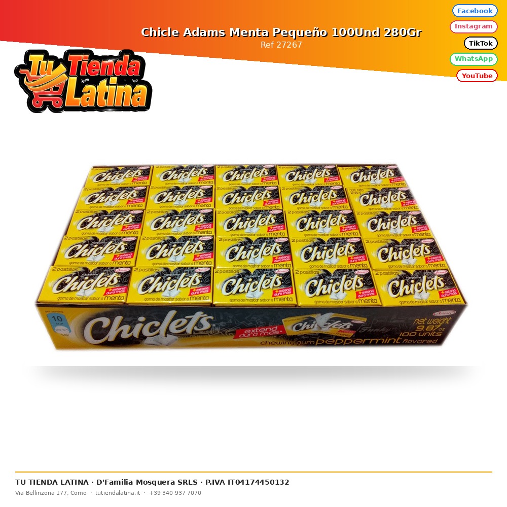 Chicle Adams Menta Pequeño 100Und 280Gr