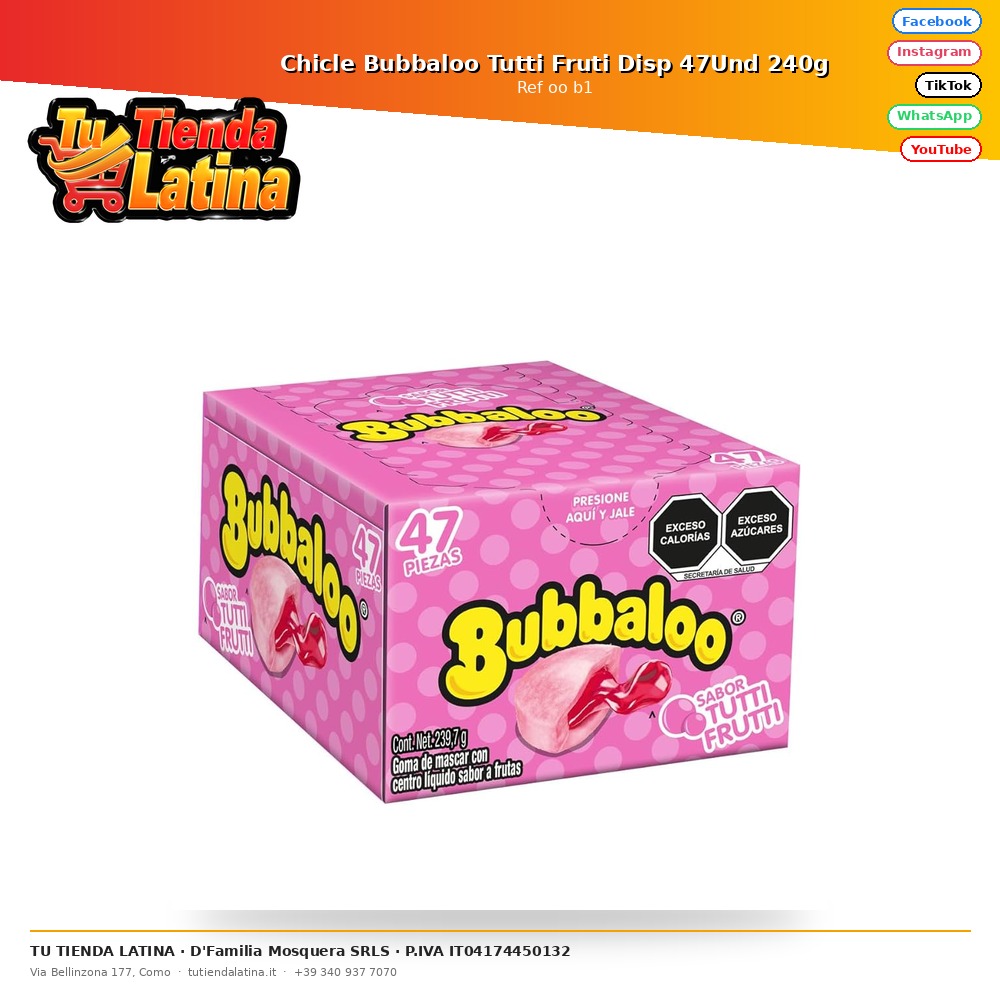 Chicle Bubbaloo Tutti Fruti Disp 47Und 240g